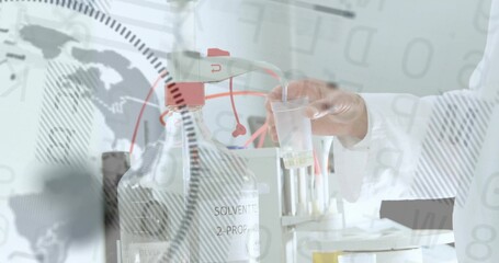Gloved hand holding sample cup near labeled solvent bottle in lab, with pipette, data overlay