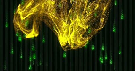 Swirling yellow particle cloud moving in computer code backdrop, with green binary digits streaming
