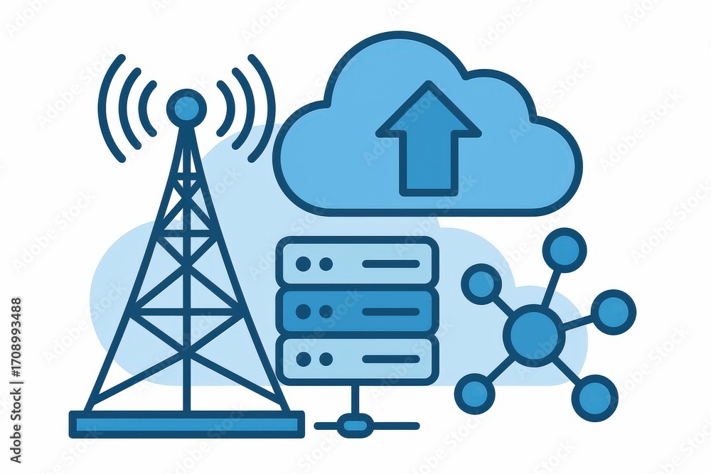 Aufkleber visualizing the interconnectivity of modern technology through a communication tower data cloud and 