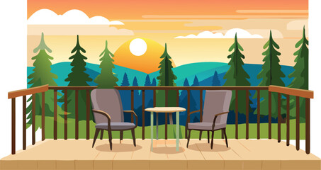 A deck with seating and a table overlooks majestic mountains, creating a serene outdoor space. © Rizky