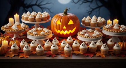 A halloween display featuring a jack o lantern pumpkin pies and ghost themed cupcakes on a table with leaves