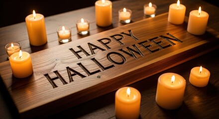 Happy halloween sign surrounded by lit candles on a dark wooden surface creating a warm ambiance