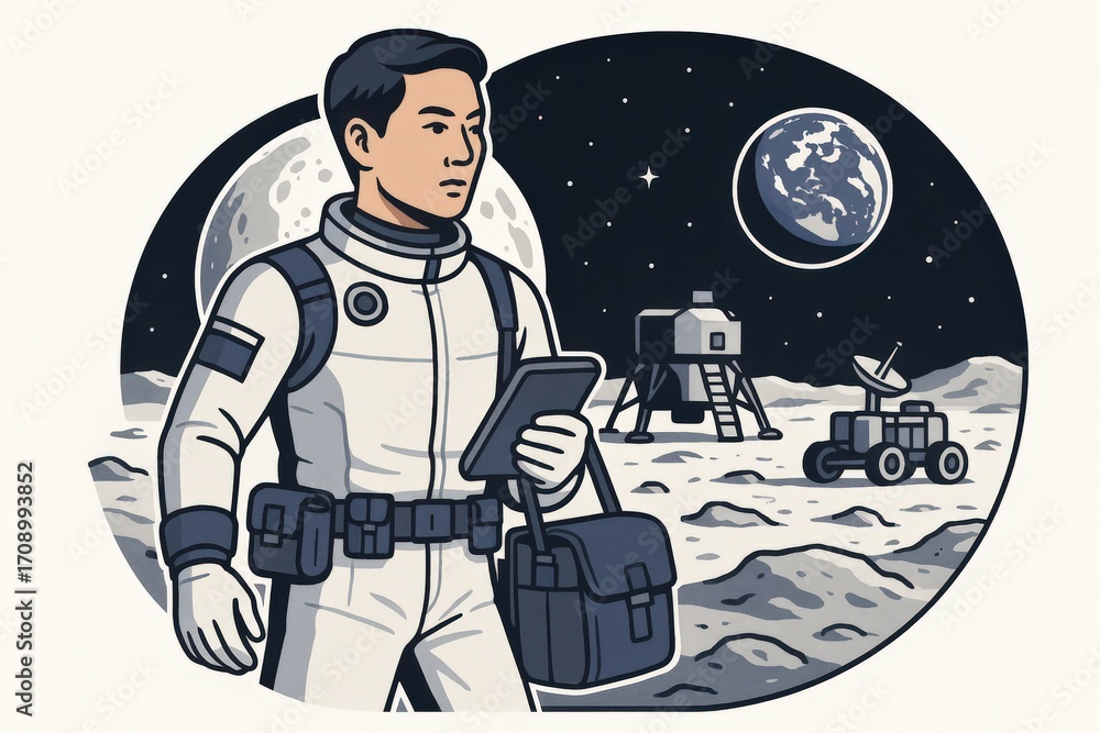 Poster astronaut navigating the lunar surface with advanced technology exploring extraterrestrial environme