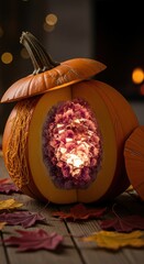 A carved pumpkin with a crystal inside sitting on a wooden surface with scattered autumn leaves around it