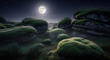 A full moon illuminates moss covered rocks in a serene landscape at night with a dark blue sky above