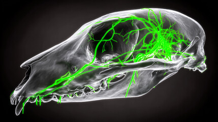 Naklejka premium A translucent brain entwined with glowing green bioluminescent vines, pulsing with mysterious energy. 