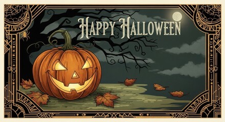 A halloween scene with a jack o lantern, bare tree, moon, and fallen leaves inside a decorative border