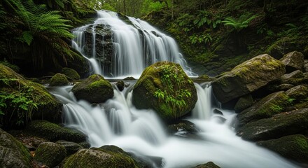 A cascading waterfall flows over moss covered rocks in a lush green forest with ferns and trees