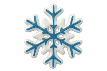 White and blue snowflake ornament shining on transparent background