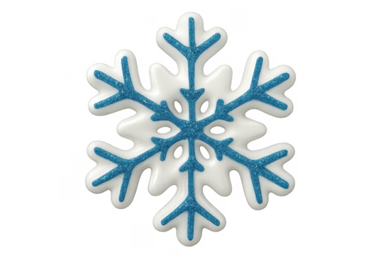 White and blue snowflake ornament shining on transparent background