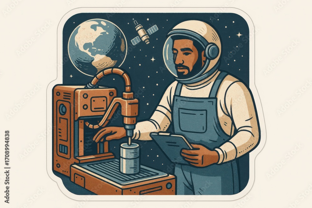 Poster an astronaut engaged in advanced manufacturing processes on a space station while examining data wit