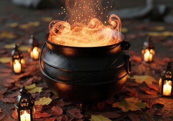 A black cauldron bubbling with orange liquid surrounded by lanterns and autumn leaves on the ground