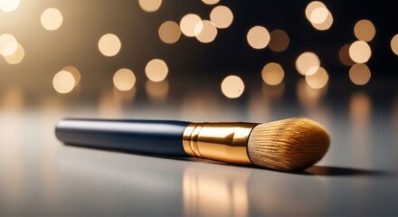 A makeup brush with a dark blue handle and gold ferrule on a reflective surface with bokeh lights behind