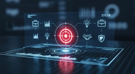 A futuristic display showing a red target with business icons and data on a dark reflective surface