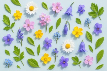 Obraz premium Delicate spring wildflower flat lay pattern on pastel blue with soft shadows and negative space botanical background for invitations and branding