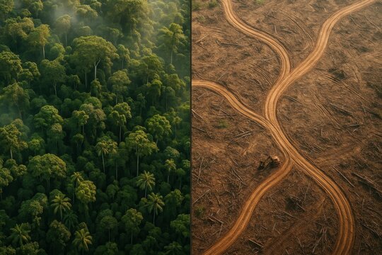 Aerial panorama showing rainforest destruction with logging roads splitting lush canopy and raw clearcut scars dramatic split top down view