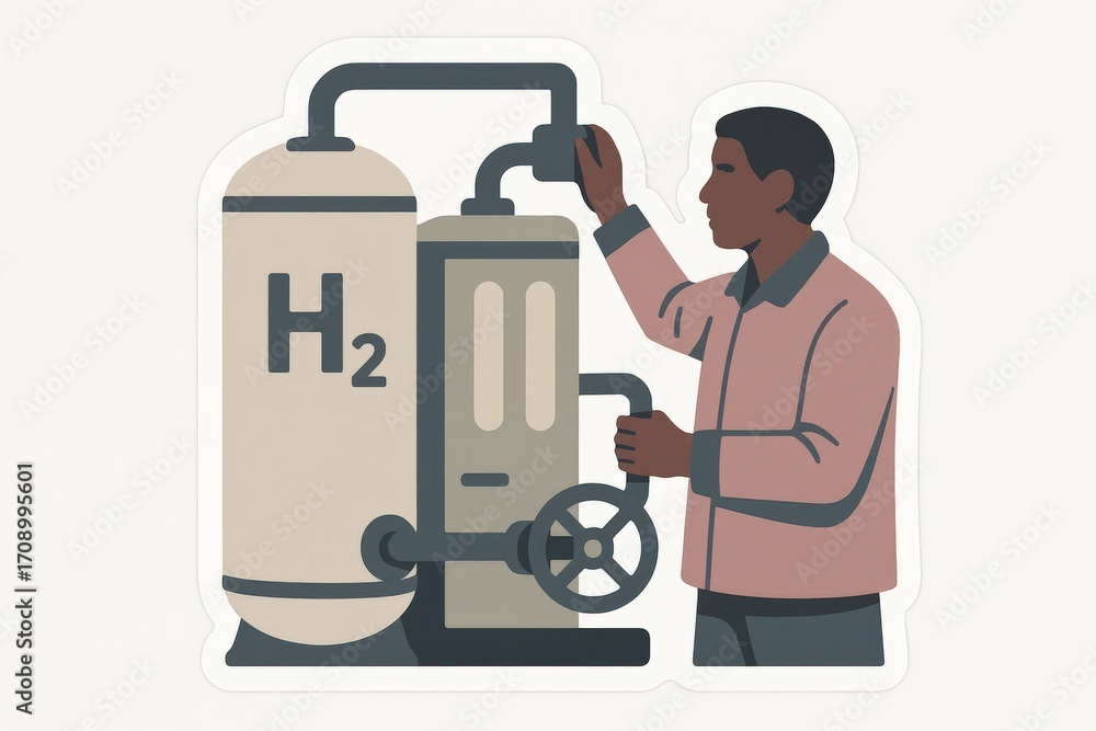 Poster innovative technician operating advanced hydrogen extraction equipment optimizing sustainable energy