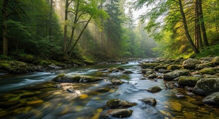 Obraz premium Forest stream sunlight dawn