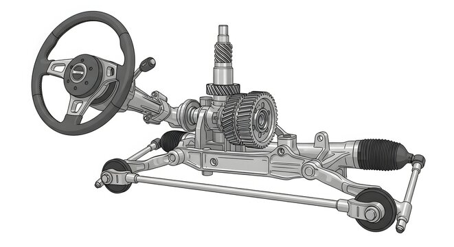 Detailed illustration of a car s automotive steering system with rack and pinion mechanism
