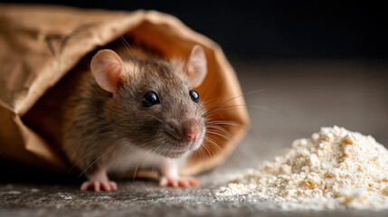 Rat Coming Out of Paper Bag Near Flour on Kitchen Counter