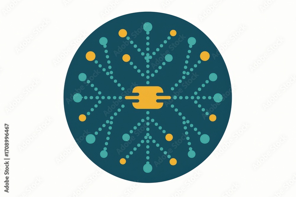 Poster innovative circular graphic symbolizing interconnectedness through colorful elements and nodes repre