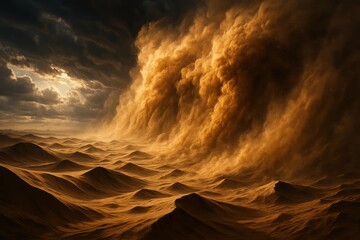 Cinematic desert sandstorm vortex sweeping across golden dunes under brooding twilight sky atmospheric dust clouds dynamic motion and dramatic light digital art