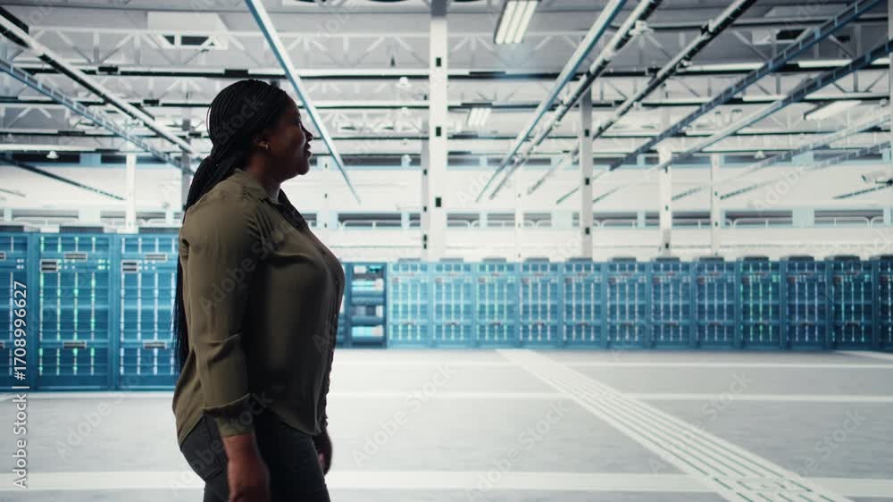 Poster manager walking in data center, overseeing large scale it hardware to maintain seamless operations. 