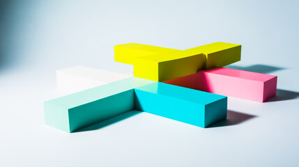 Fototapeta premium Abstract teamwork concept with interlocking geometric shapes on gradient. 