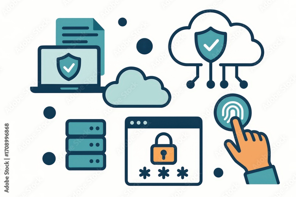 Poster innovative digital security solutions depicted with a hand using biometric fingerprint technology to