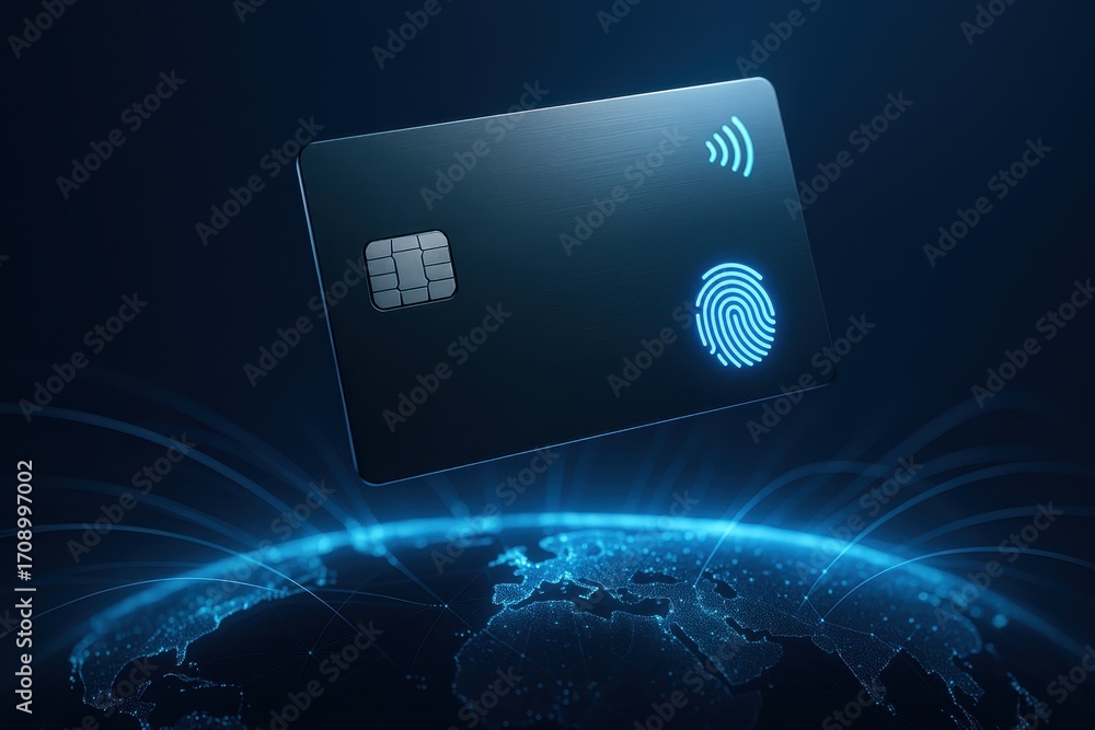 Poster secure digital credit card hovering over global network mesh with flowing data streams and biometric
