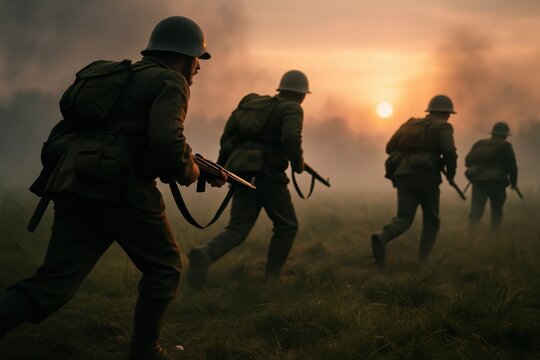 Cinematic World War II infantry advancing through misty fields at dawn with period uniforms steel helmets and authentic gear dramatic lighting - Powered by Adobe