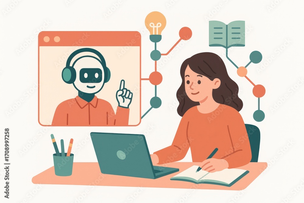 Poster engaged student interacting with ai tutor in modern workspace demonstrating innovative technology an