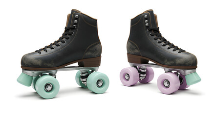 Retro roller skates with pastel wheels on white background.