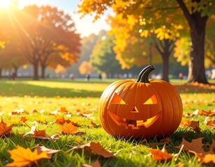 Naklejka premium Autumnal Jack-o'-lantern in a park setting