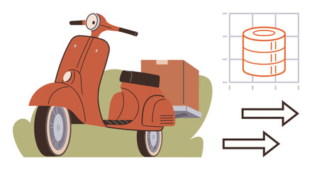 Retro scooter carrying a package, directional arrows for movement, simplified bar graph. Ideal for delivery, logistics, transportation, data, strategy, e-commerce simple flat metaphor