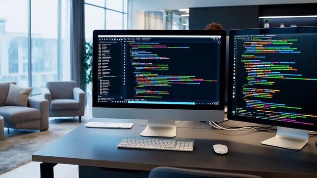 Dual monitor setup displaying complex programming code in a modern software developer's office workspace
