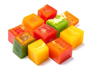 Colorful Cubic Bell Pepper Segments on White Background