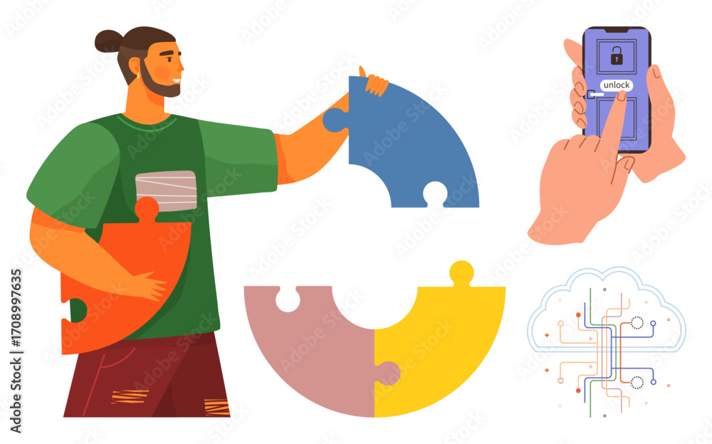Poster man holding puzzle pieces, smartphone unlocking screen, and cloud with circuits. ideal for security,