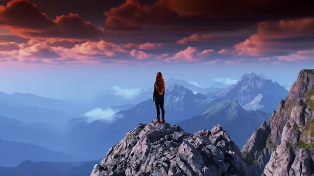 Person Standing on Rocky Peak Overlooking Mountain Ranges at Sunset with Vivid Sky