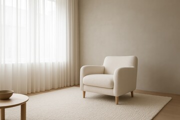 Fototapeta premium Modern living room interior with white armchair soft rug and sheer curtains against gray concrete wall Scandinavian minimal decor scene