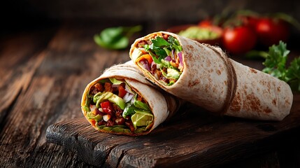 Delicious vegan burrito wraps recipe with fresh vegetables and healthy ingredients for lunch and dinner