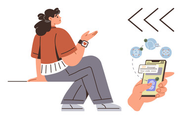 Woman sitting while gesturing, smartphone displaying chat and message icons. Ideal for technology, networking, social interaction, online messaging, digital strategy, communication, or connectivity