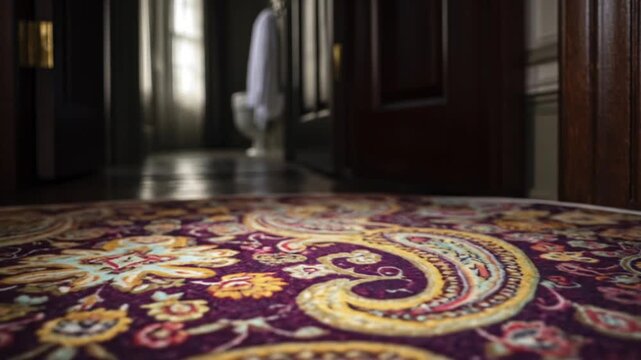 A round paisley rug with rich colors and intricate patterns adorns a hallway floor.
