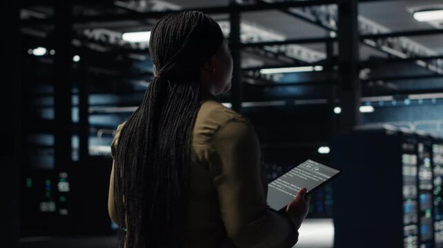 Engineer in data center using tablet to deploy secure server architecture. African american woman in server hub using device to do rollout of cybersecurity framework, camera B