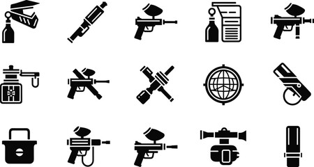 Paintball Equipment Icons Set, Paintball Gun, Mask, Air Tank, Target, Silhouettes, Sports Gear, Outdoor Game, Vector Symbols