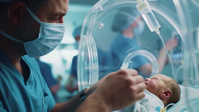 Attentive Male Pediatrician in Blue Scrubs Examining Newborn Inside Incubator in Bright Hospital Room