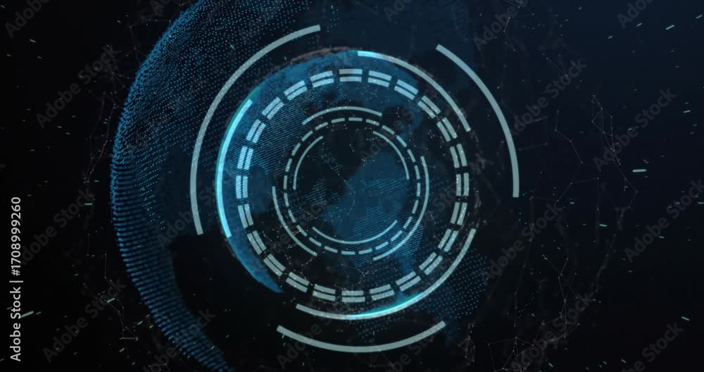 Poster opening space hologram ui initiating rotating rings, pulsing, shifting globe visualizing network