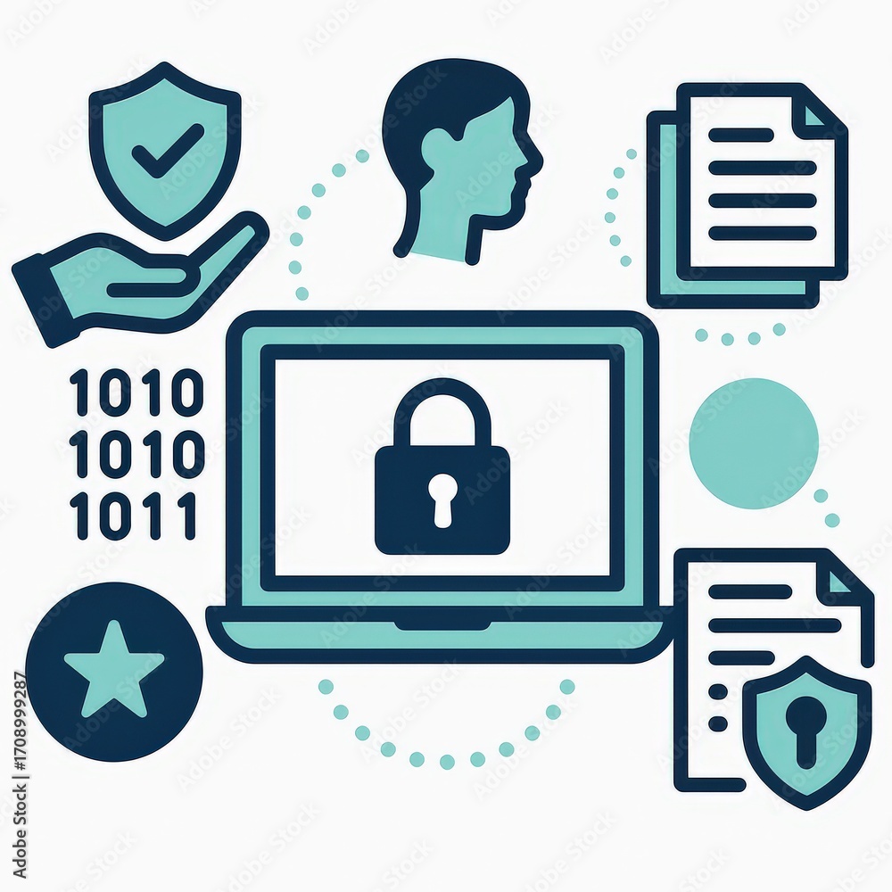 Poster securing digital identity with innovative technology representations showcasing data privacy concept