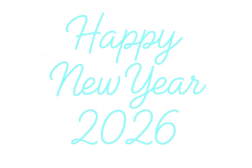 Happy new year 2026 cursive light blue neon sign on transparent background