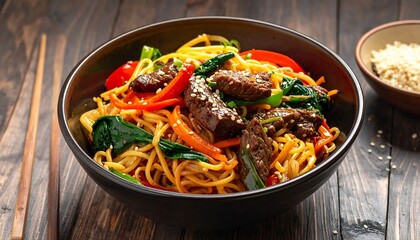 Beef and Vegetable Stir-fried Noodles in a Dark Bowl